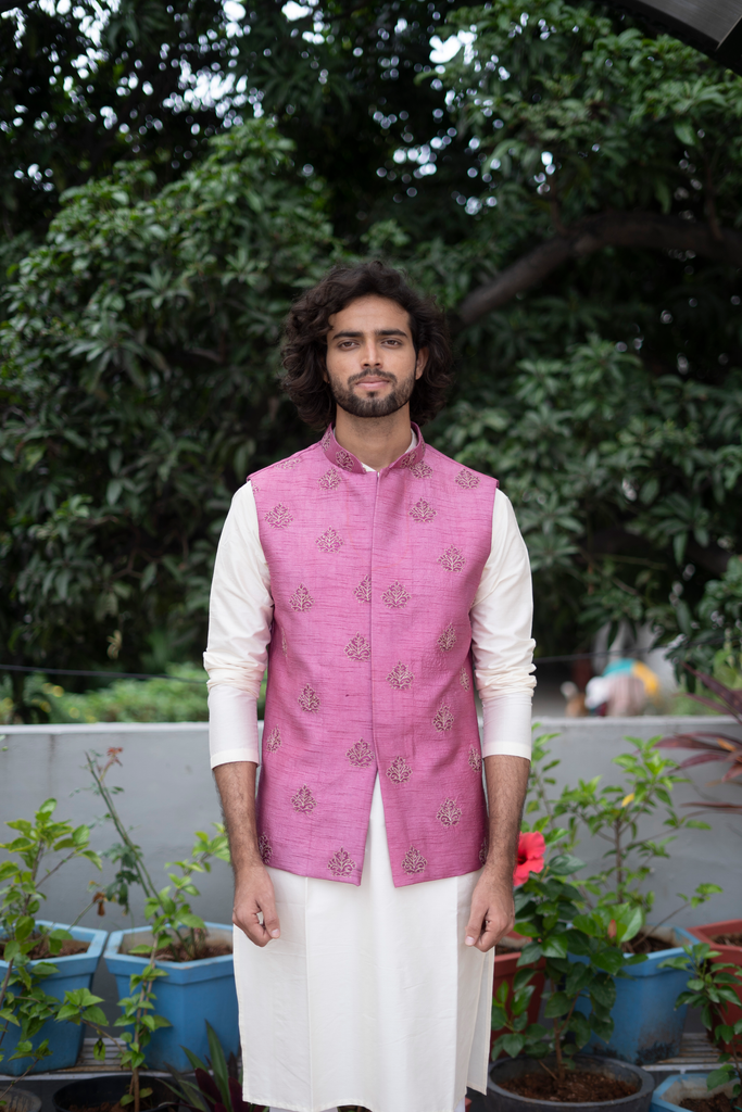 Men's Mauve Color Jacket With Kurta Pant Set