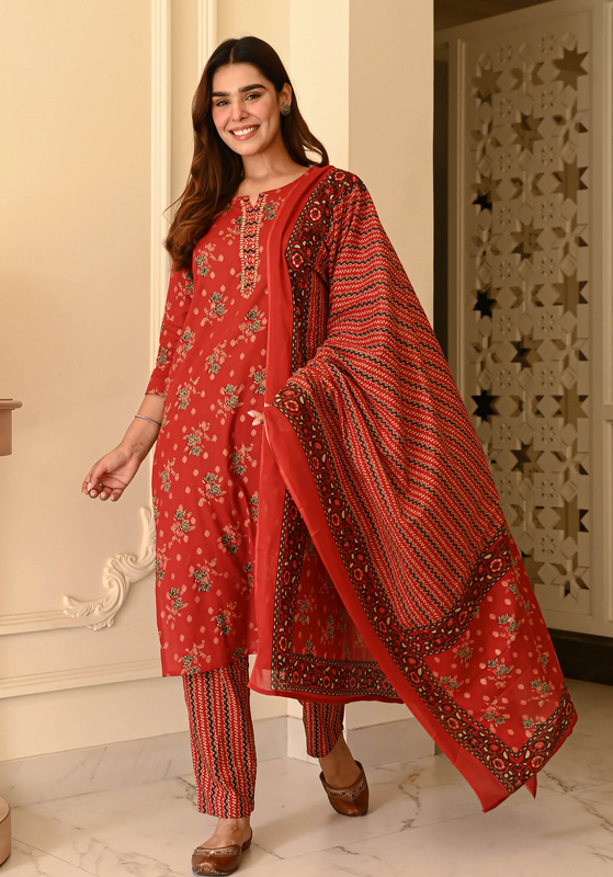 Women's Red Floral Ethnic Suit With Striped Pants & Dupatta