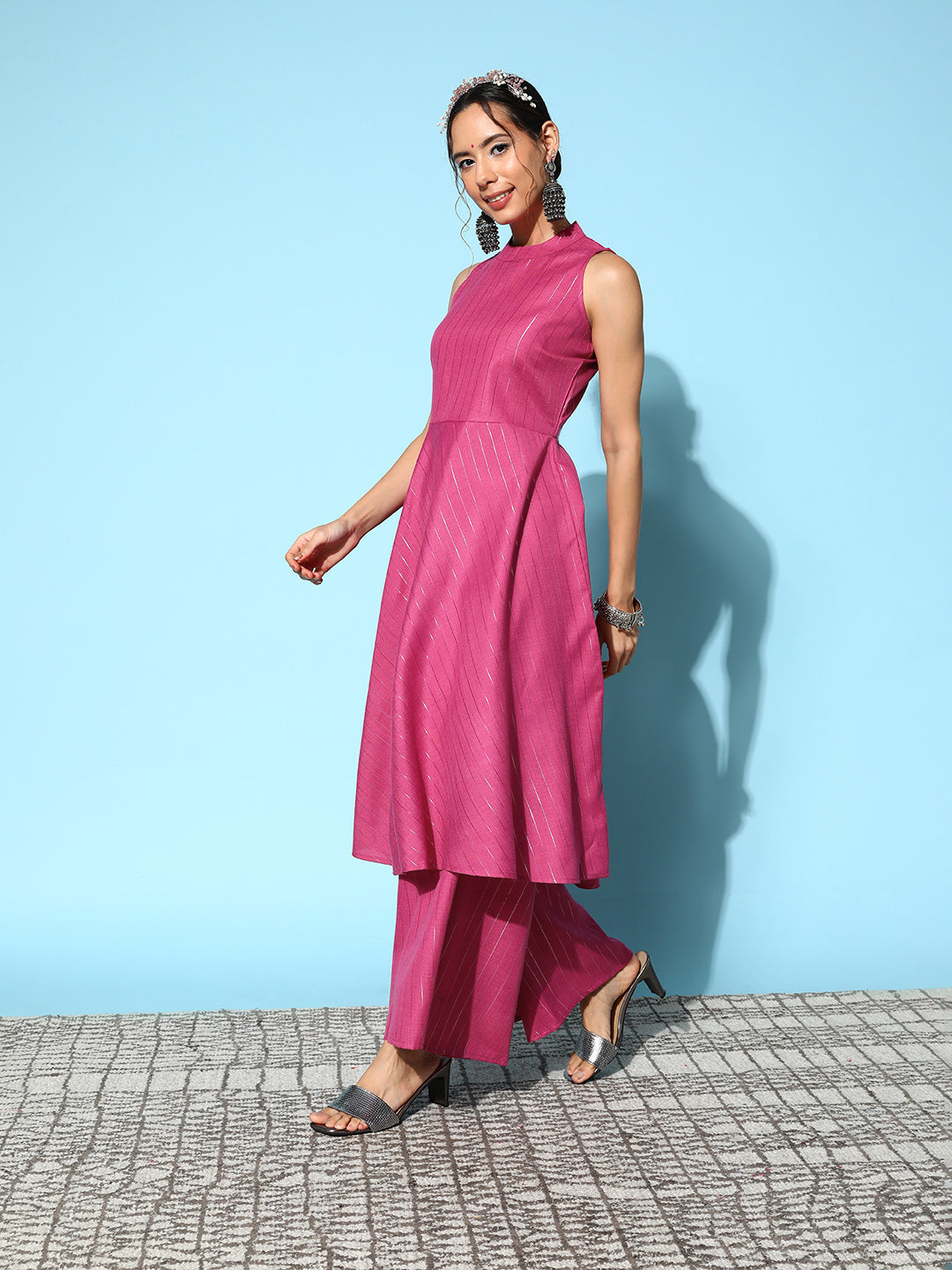 Women's Pink Lurex Boho Sleevless Kurta Set - InWeave