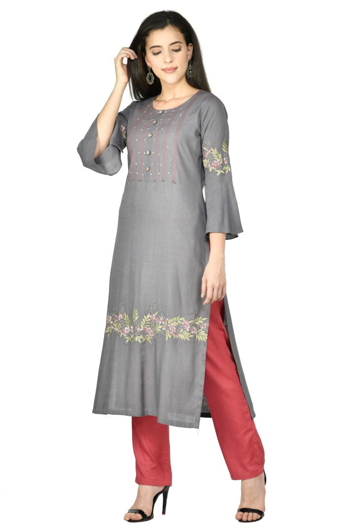 Women's Grey Cotton Rayon Embroidery Kurta Set - Joban Fashion