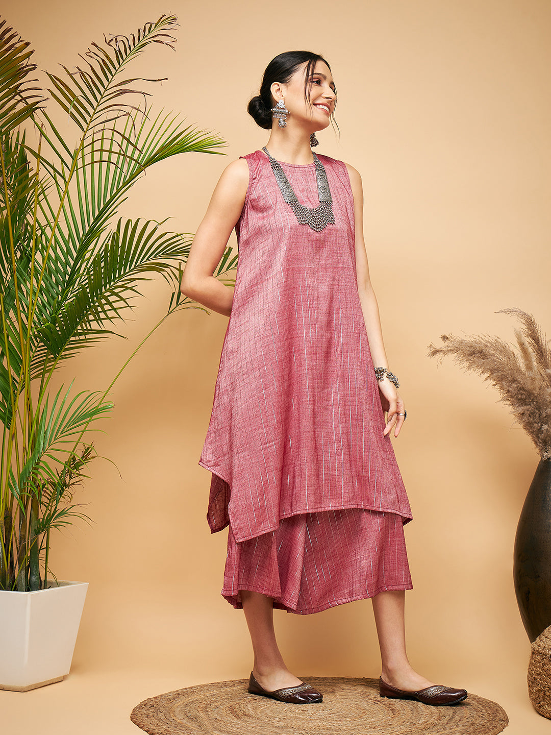 Women's Wine Lurex Short Pallazo Kurta Set - InWeave