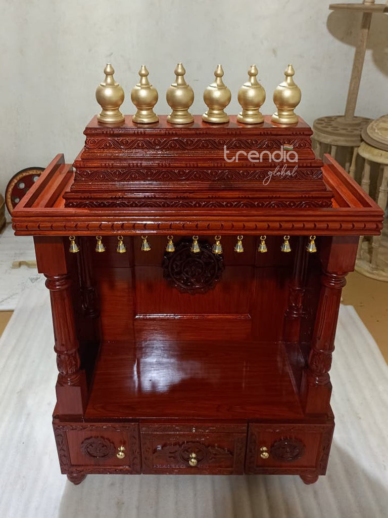 Solid Teak Wood Pooja Mandir with Temple Bells