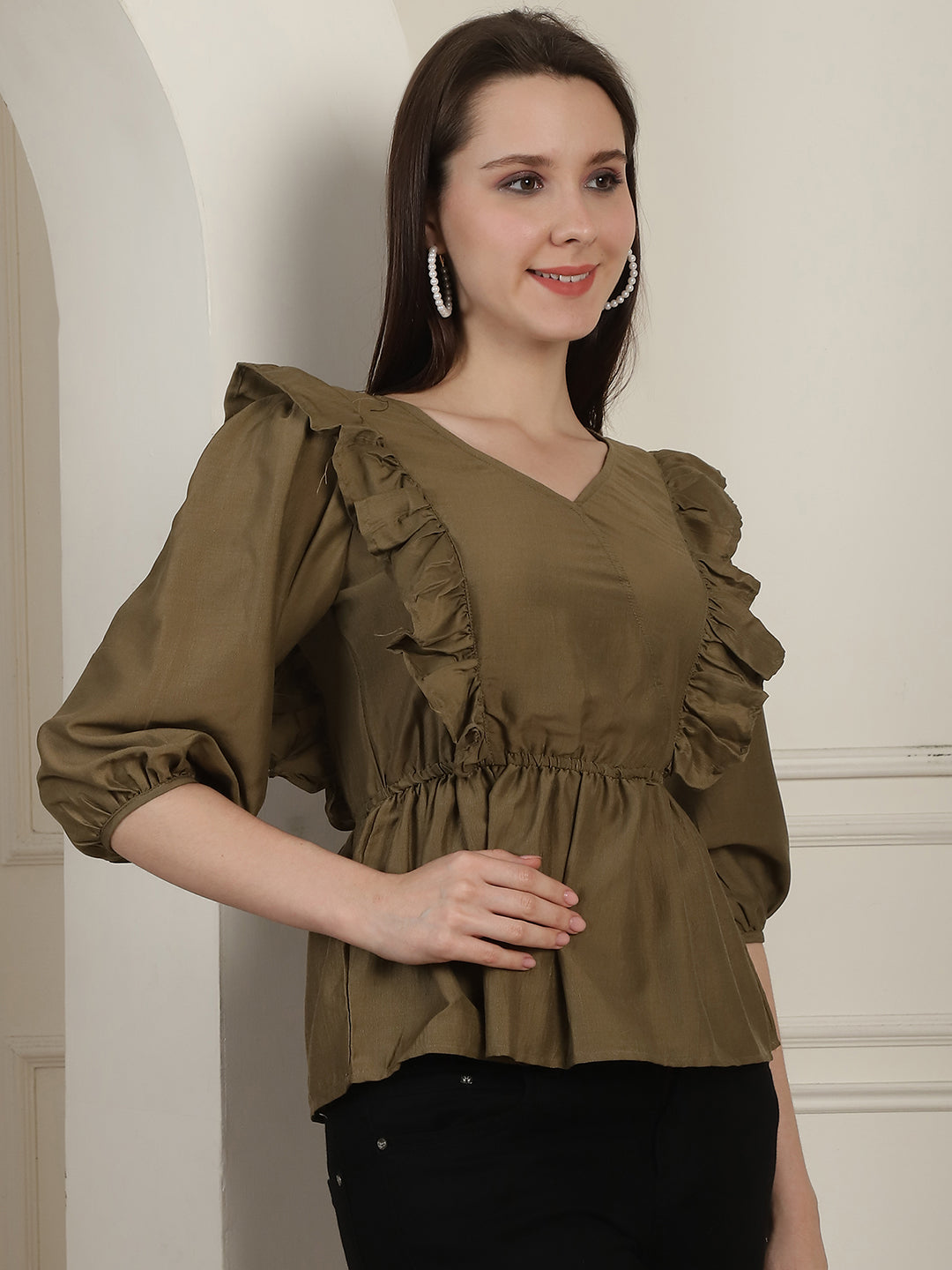 Women's Brown Solid Women's Top With Frills - Taantav