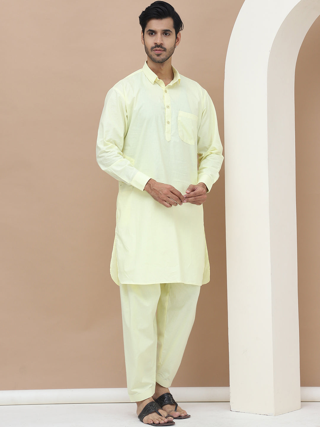 Men's  Lime Cotton Solid Kurta Set - Grage