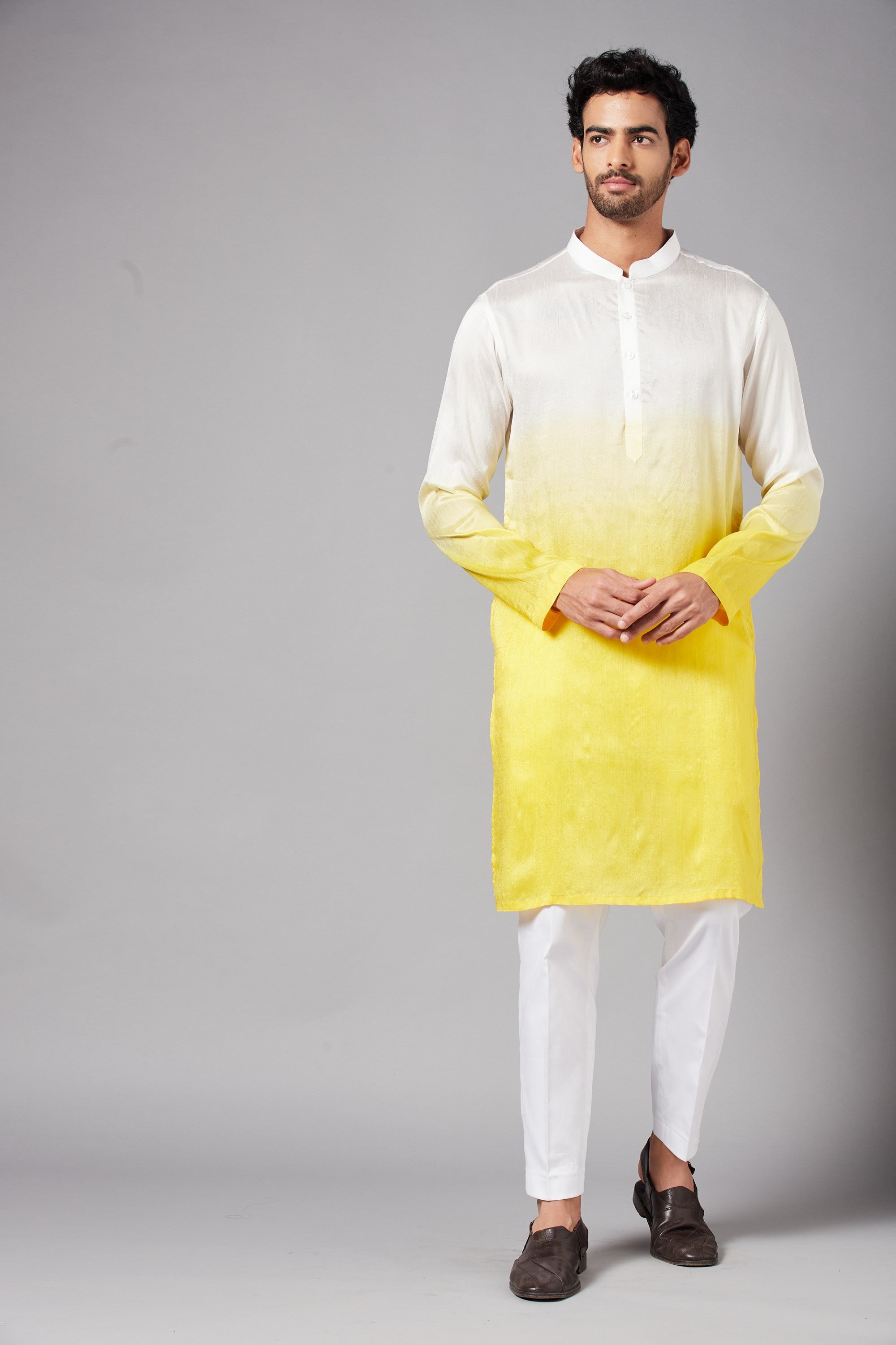 Men's White & Yellow Colorwhillombre Semi Raw Silk Mix