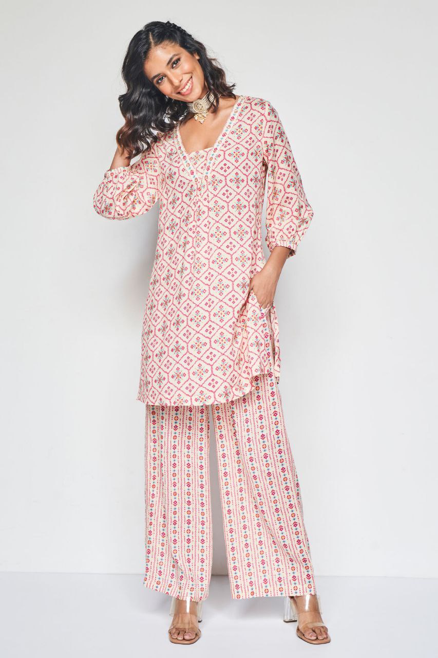 Women's Floral Printed Knee Length V Neck Co-ords Set