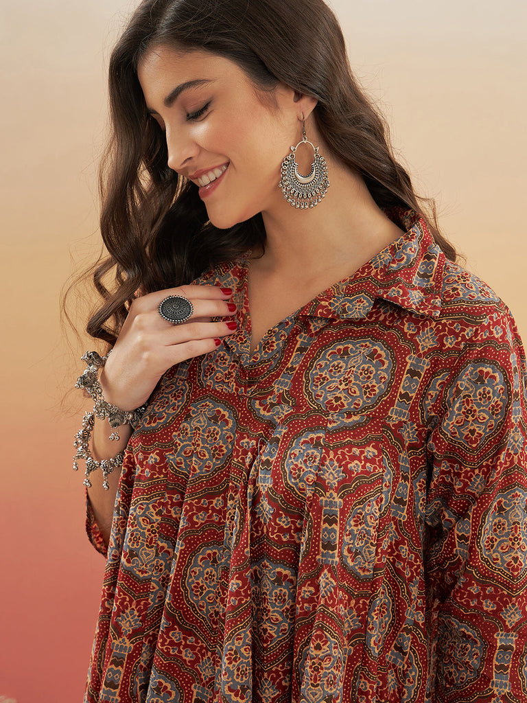 Women's Maroon Mughal Kalamkari Flared Dress