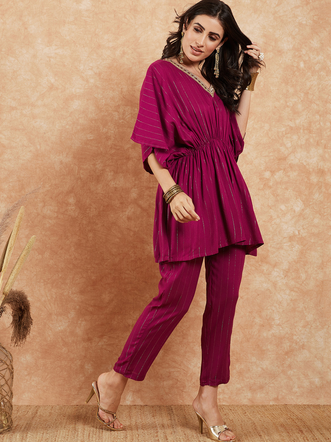 Women's Magenta Lurex V Neck Gota Kaftan Style Kurta Set - InWeave