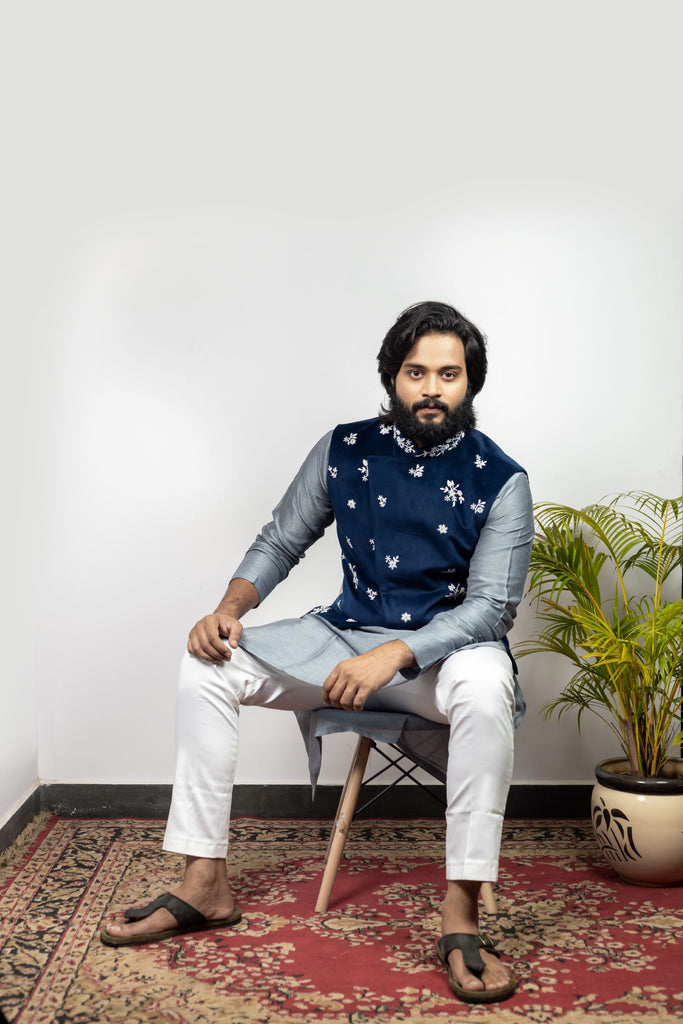 Men's Blue Color Jacket With Kurta Pant Set