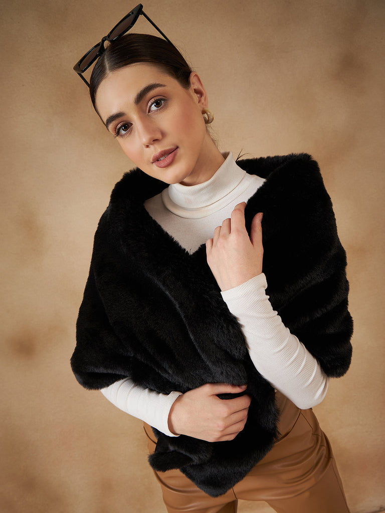 Women's Black Long Faux Fur Cape
