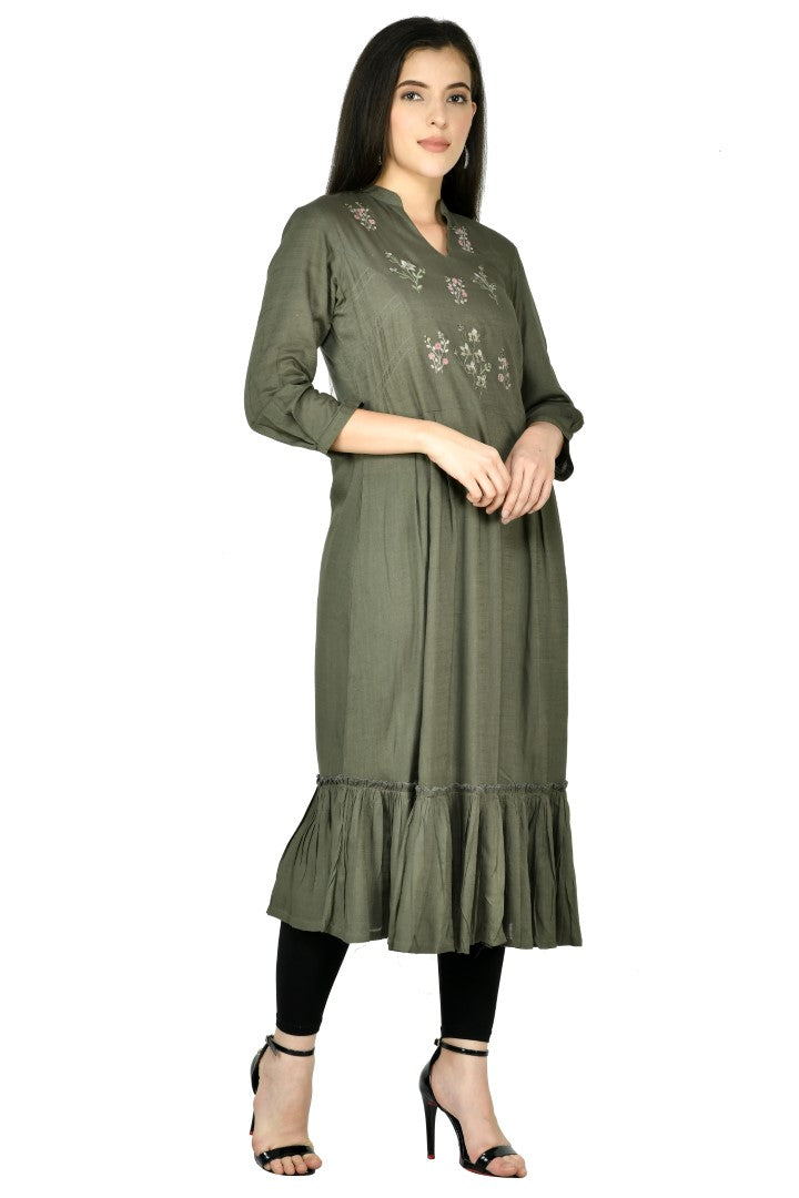 Women's Olive Cotton Rayon Embroidery Tunic - Joban Fashion