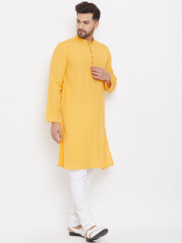 Men's Solid Yellow Placket Detail Cotton Kurta