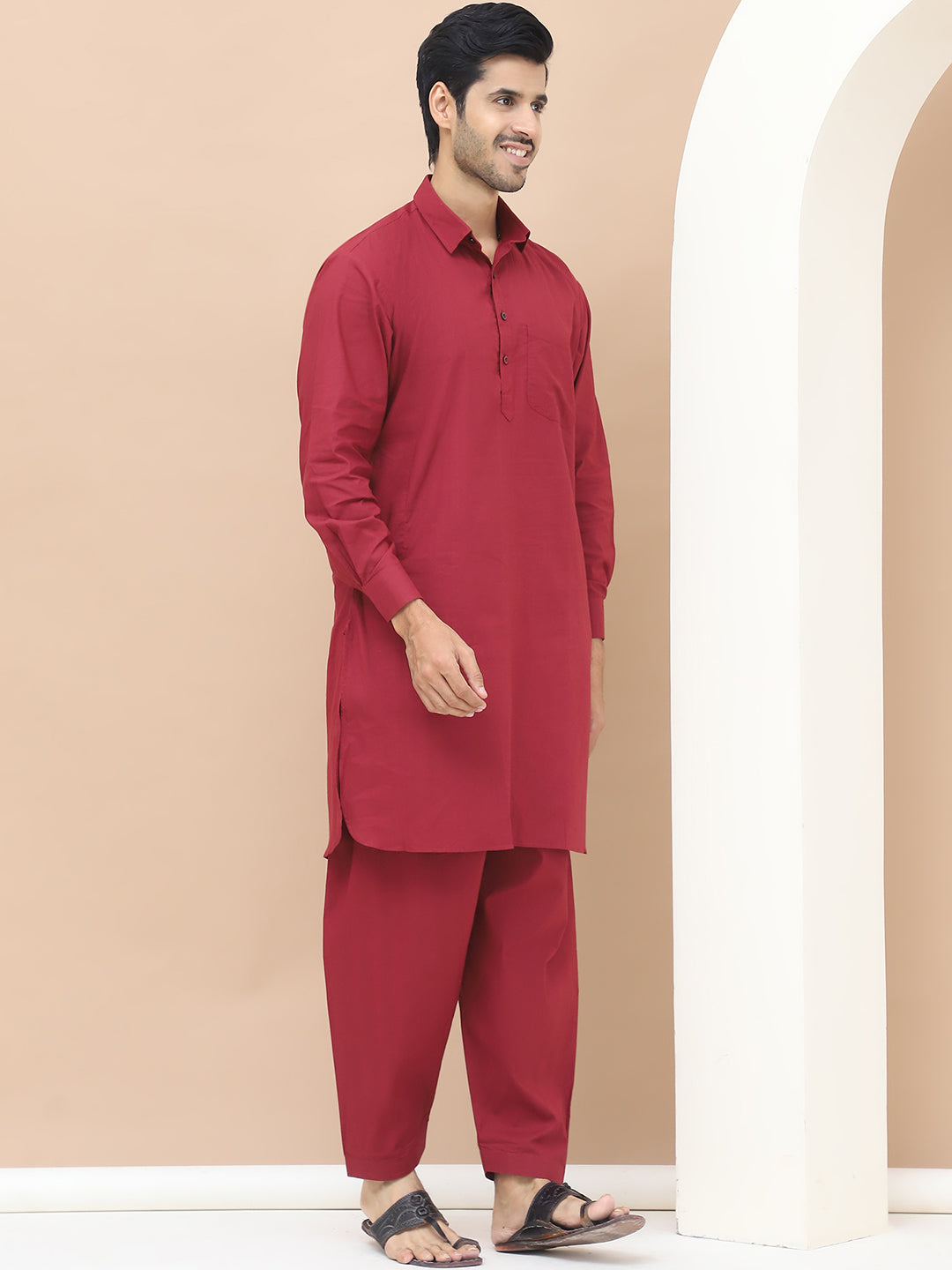 Men's  Maroon Cotton Solid Kurta Set - Grage