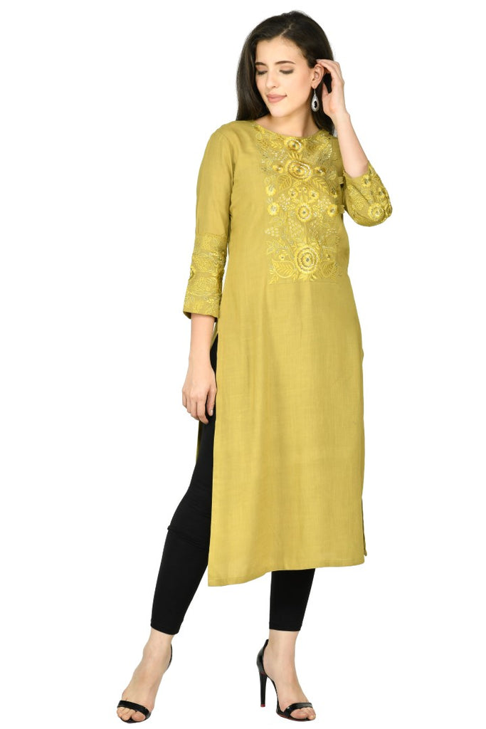 Women's Mehendi Cotton Rayon Embroidery Kurta Set