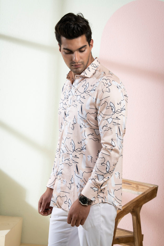 Men's Peach Color Veined Full Sleeves Shirt