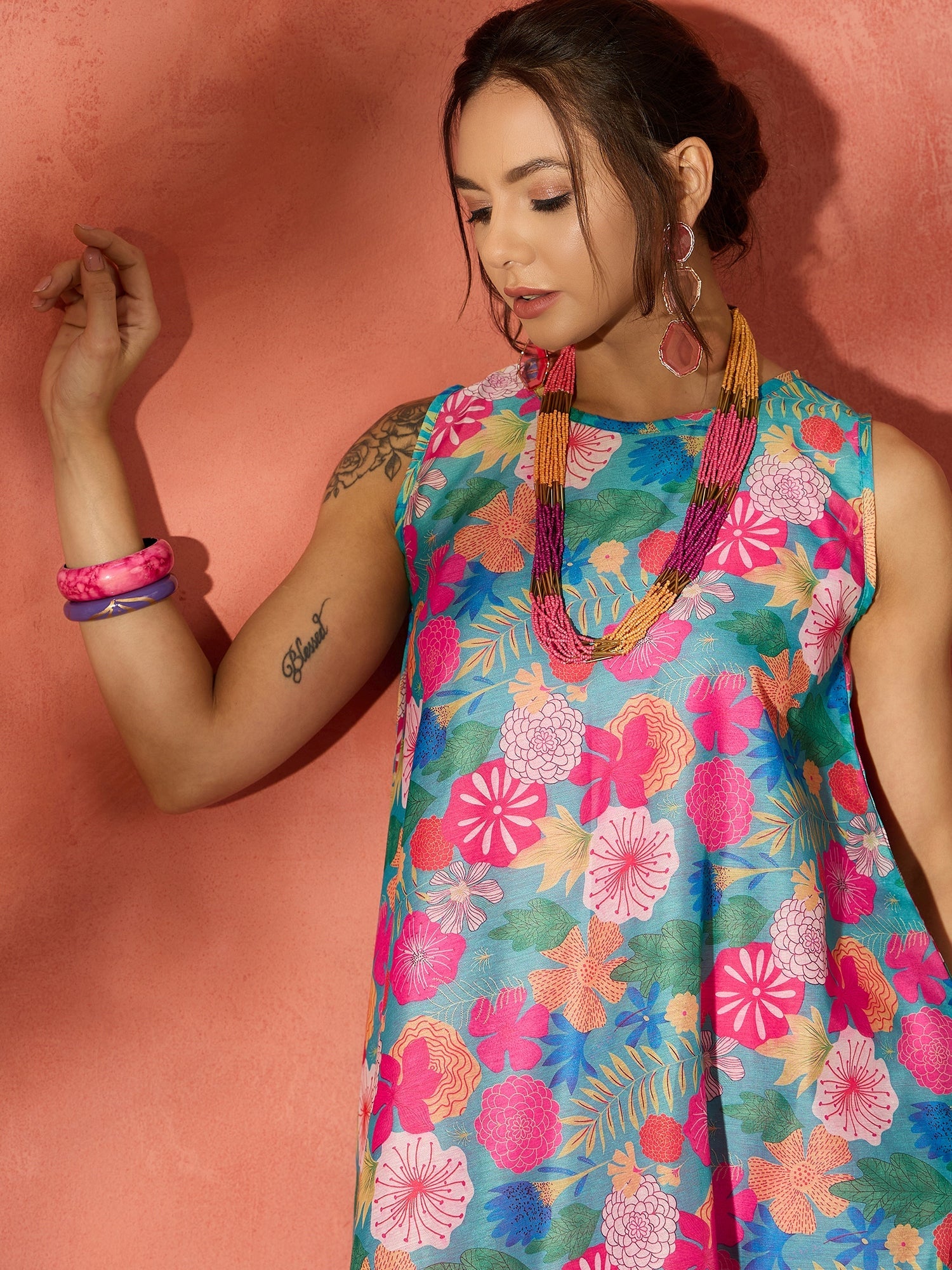 Women's Blue Floral Fuchsia Asymmetrical Dress - InWeave