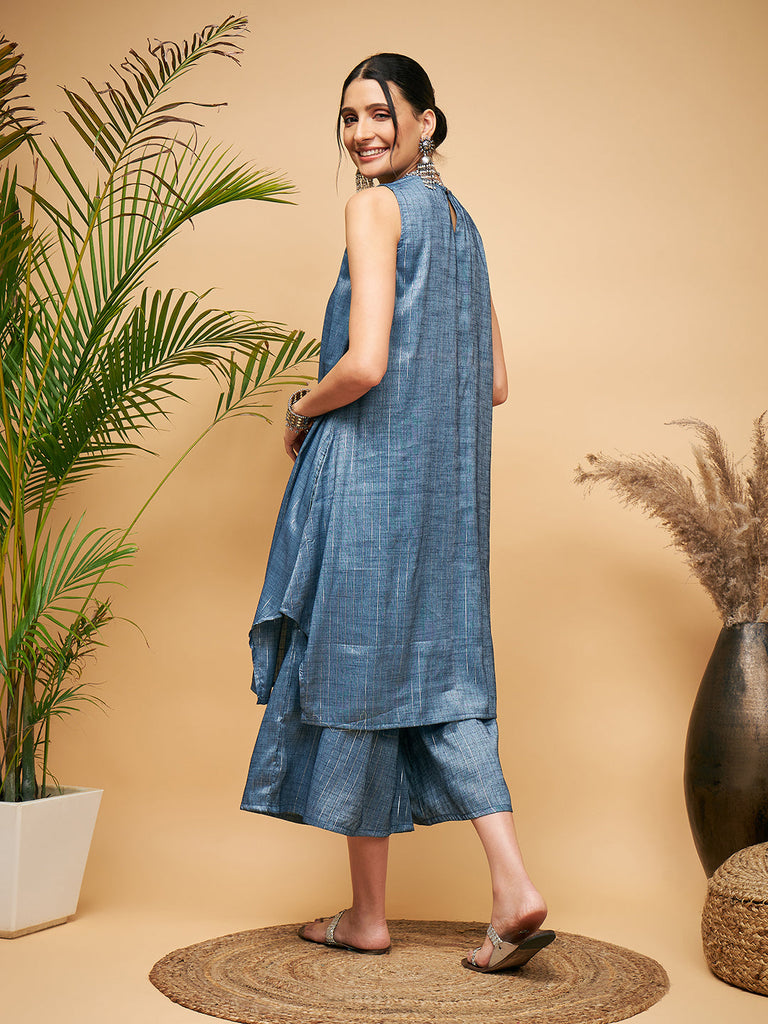 Women's Blue Lurex Short Pallazo Kurta Set