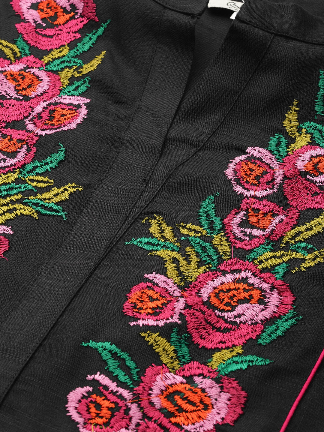 Women's Black & Pink Floral Embroidered Yoke Design Straight Kurta - Bhama Couture