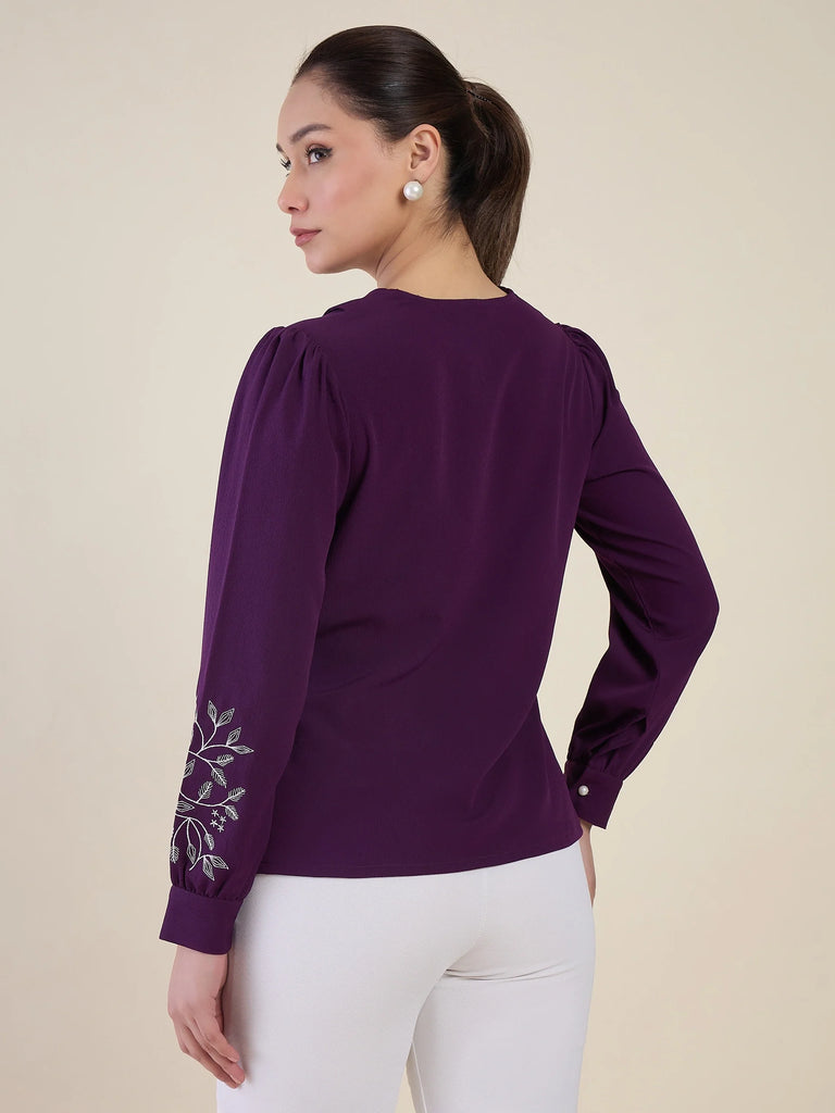 Women's Purple Embroidered Peter Pan Collar Shirt