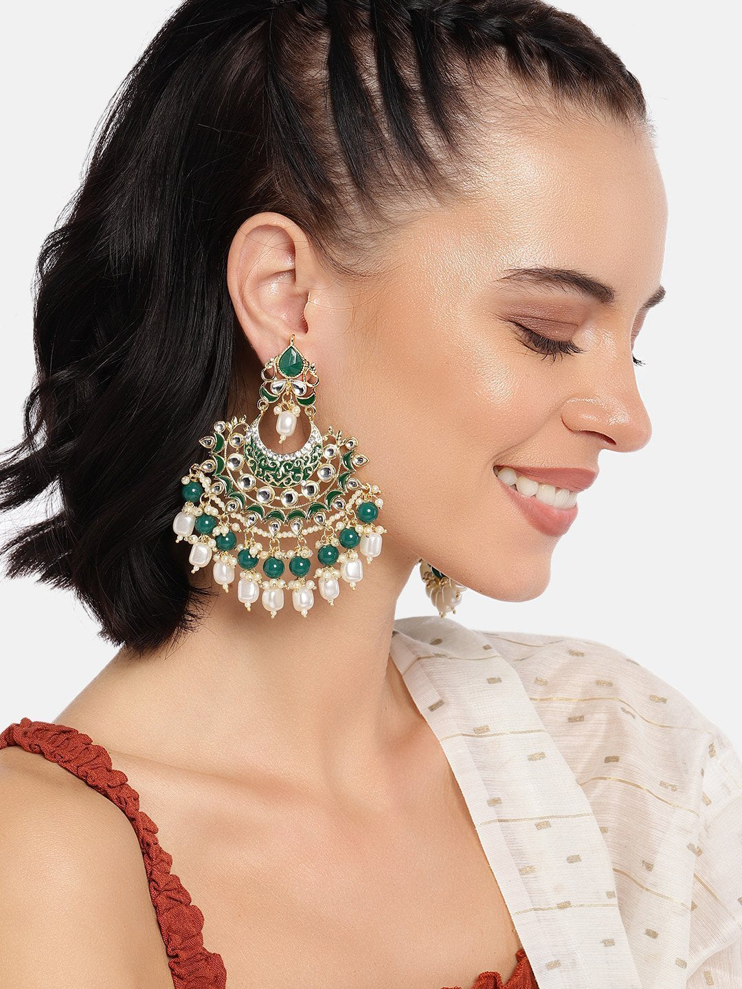 Women's Green Gold Plated, Enamel Kundan Stones & Pearl Earrings