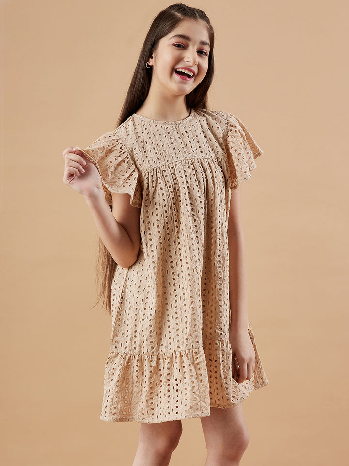 Girl's Beige Cotton Solid Dress