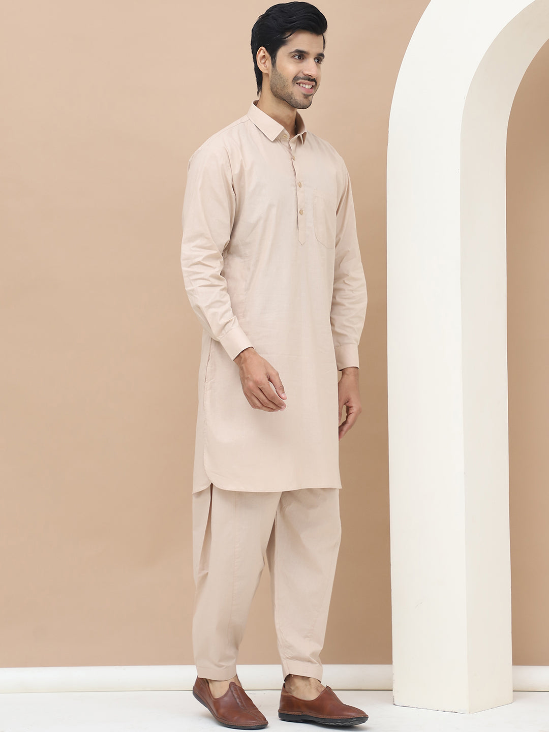 Men's  Beige Cotton Solid Kurta Set - Grage