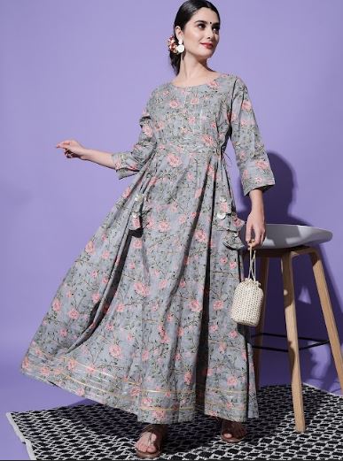 Women's H & N Floral Printed Gota Patti Work Anarkali Kurta