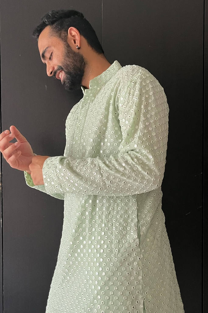 Men's Pista Green Color Pista Green Mirror Kurta