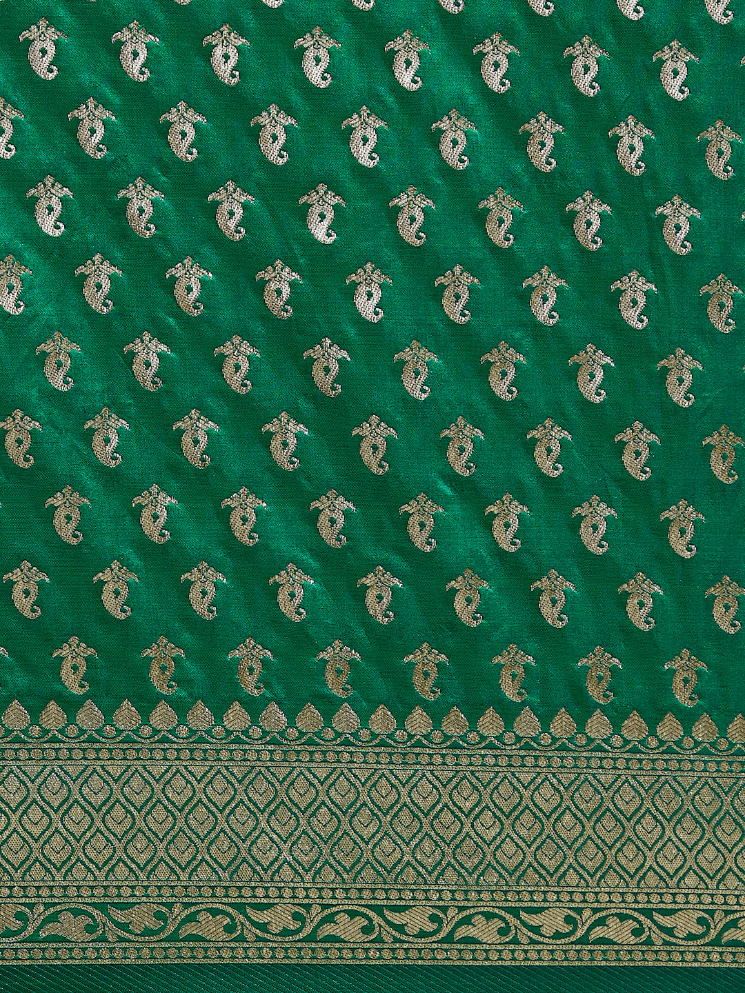 Women's Green & Gold Satin Paisley Zari With Beautiful Ethnic Motifs Banarasi Saree - Royal Dwells