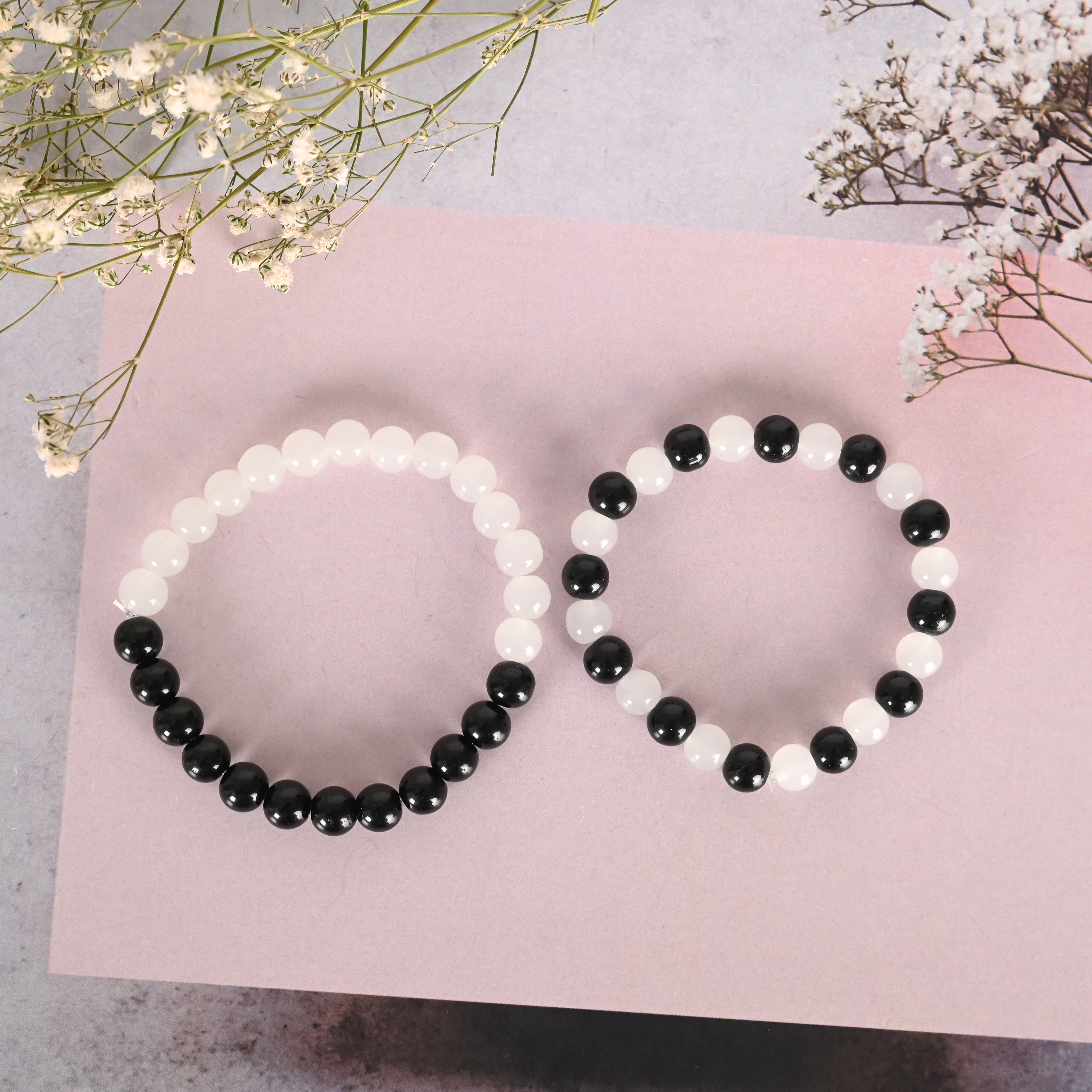 Unisex White & Black Marbel Crystal Elasticated Bracelet