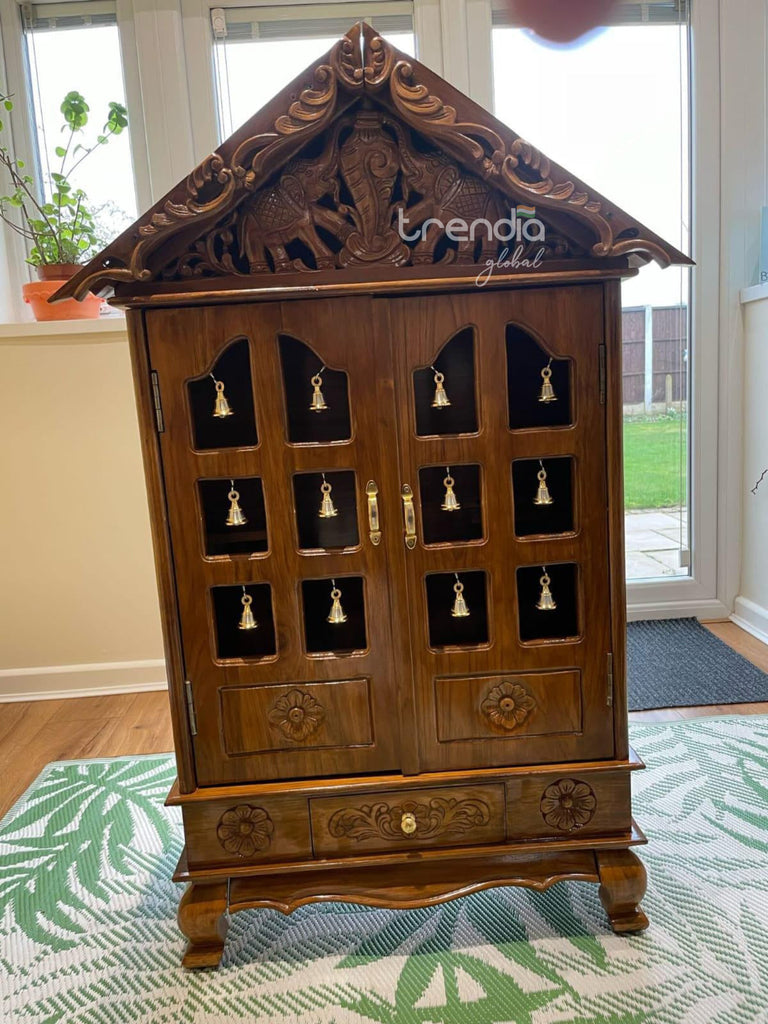 Hand-Carved Solid Teak Wood Temple with Bells