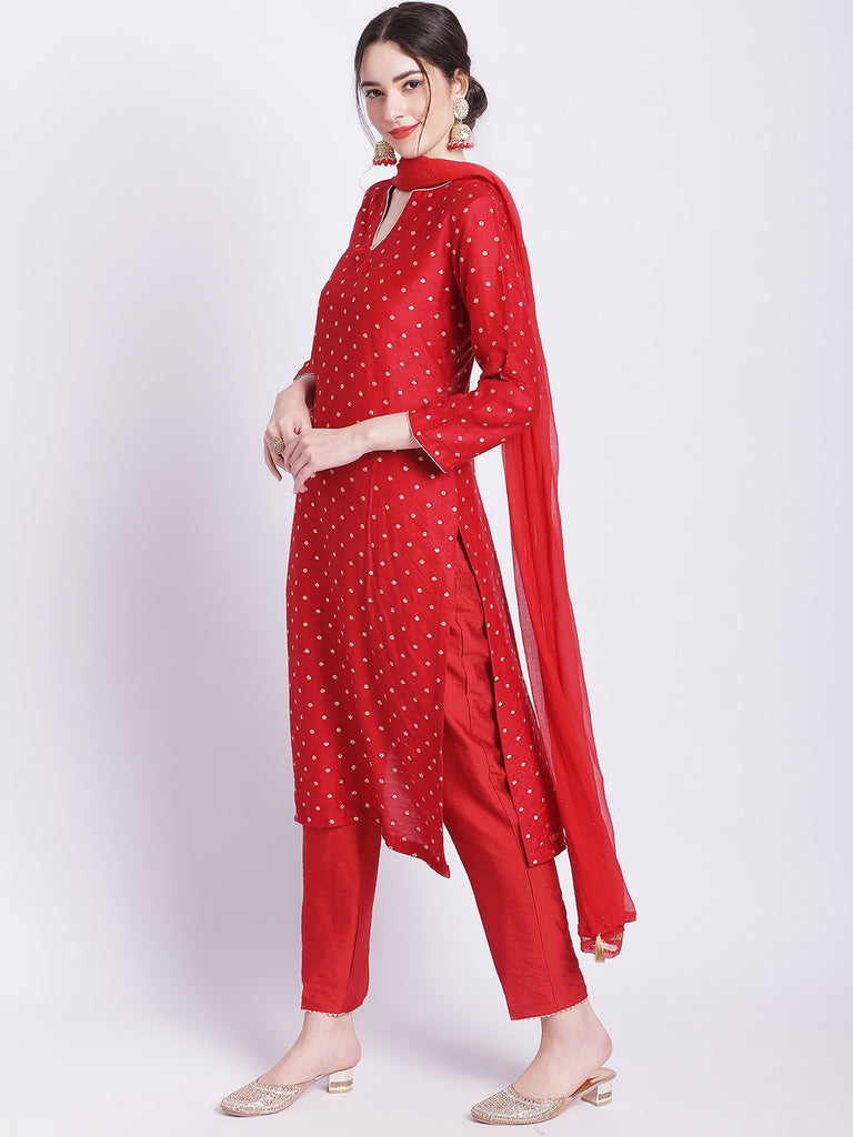 Women's Ethnic Maroon Banarasi Straight Kurti With Straight Pants And Mokaish Dupatta