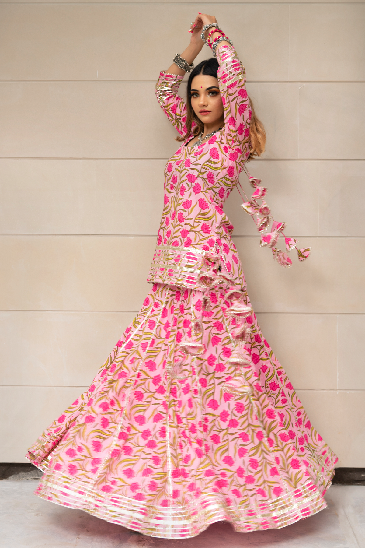 Women's Tulsi Pink Cotton Hand Block Skirt Set - Pomcha Jaipur USA