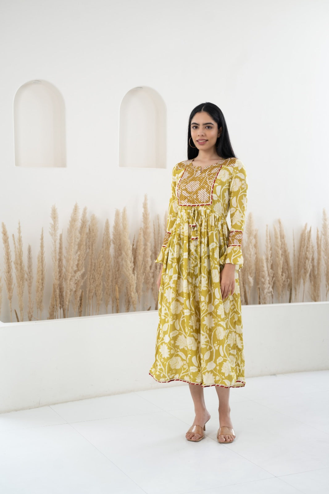 Women’s Yellow Printed Traditional Dress by Myshka- 1 pc set