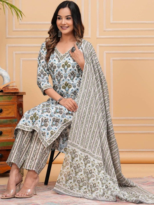 Women's Floral Printed Regular Cotton Straight Kurta with Palazzos & With Dupatta