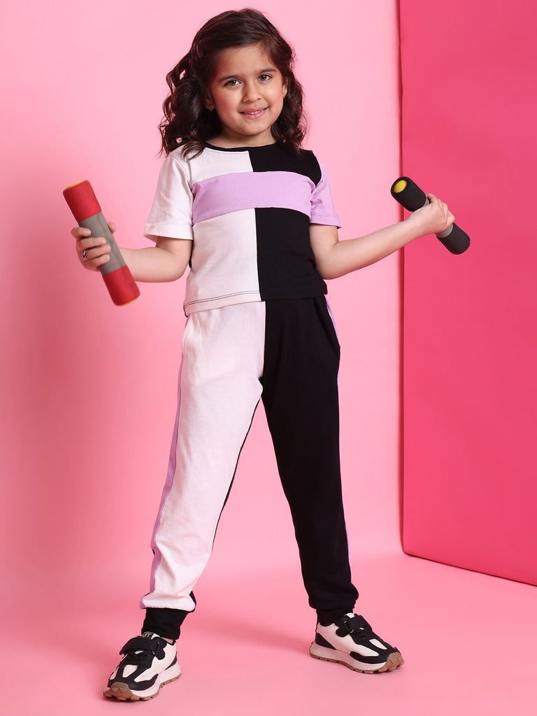 Girl's White Viscose Rayon Colorblocked Co-Ord Set