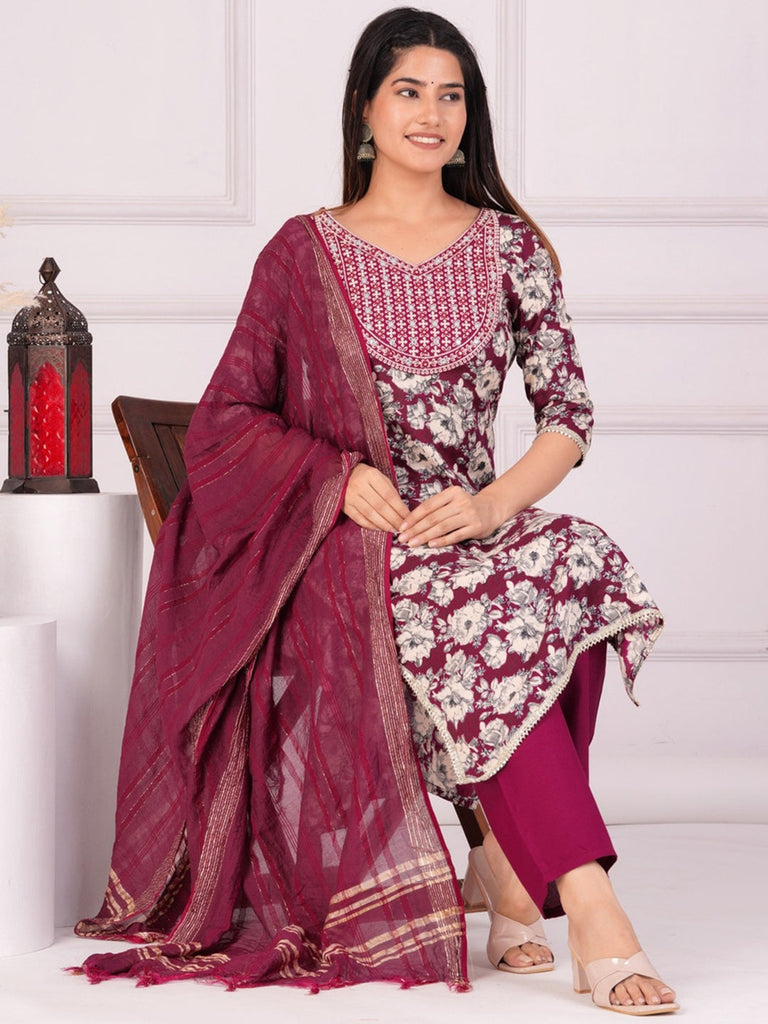 Women's Floral Printed Regular Straight Kurta & Palazzos With Dupatta