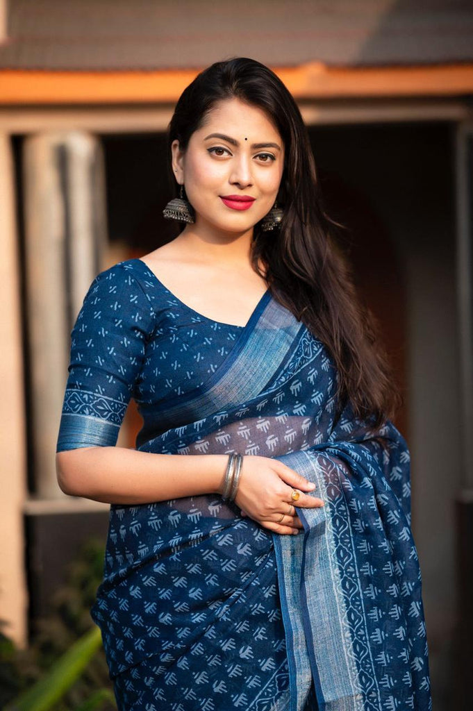 Women's Blue Soft Linen By Linen Saree With Blouse