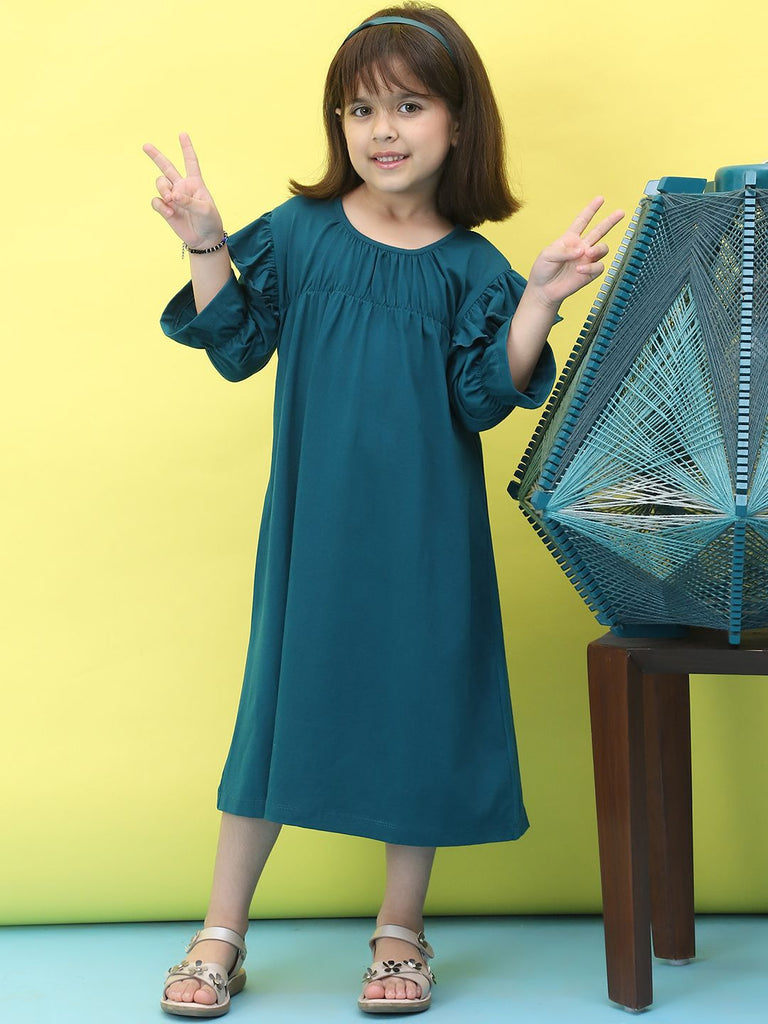 Girl's Teal Cotton Solid Dress