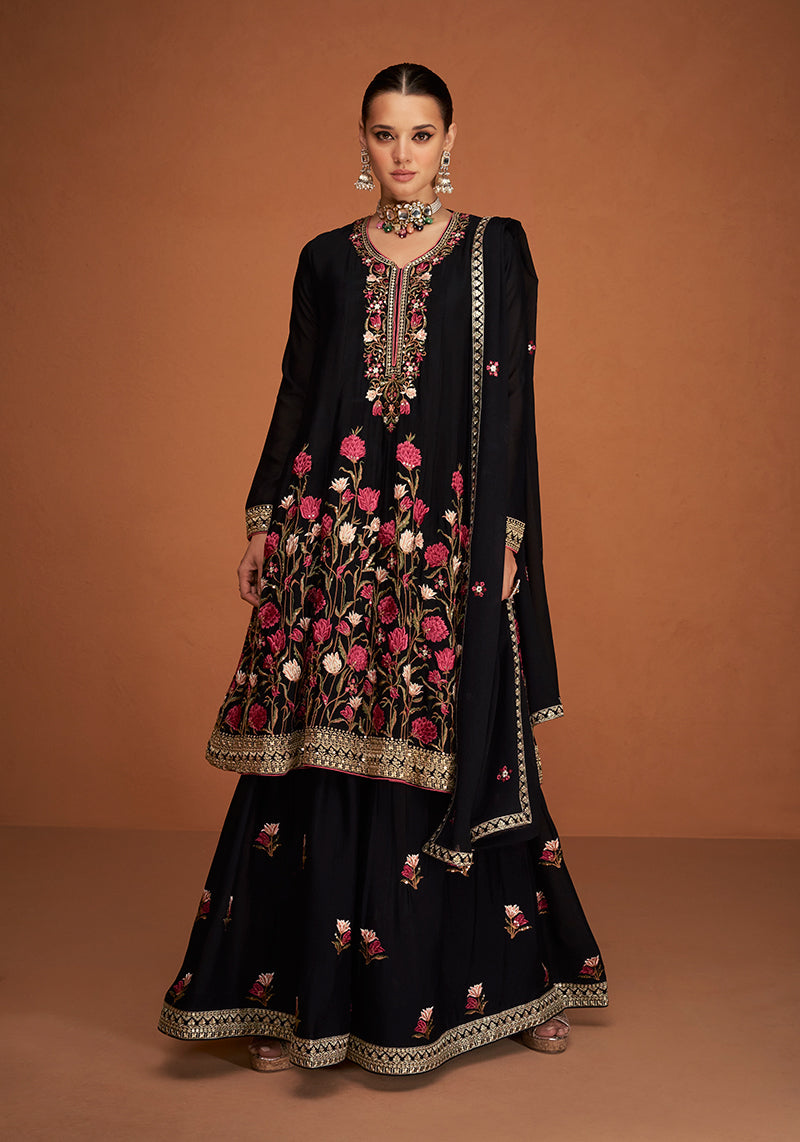 Women's Multicolor Georgette Stitched Embroidered Sharara Suit - Monjolika