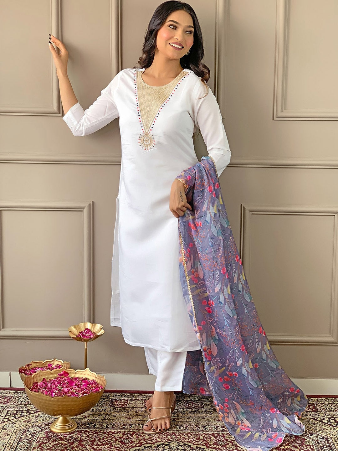 Women's Round Neck Embroidery Rayon Blend Fabric Kurta & Pant With Dupatta Set - Taantav