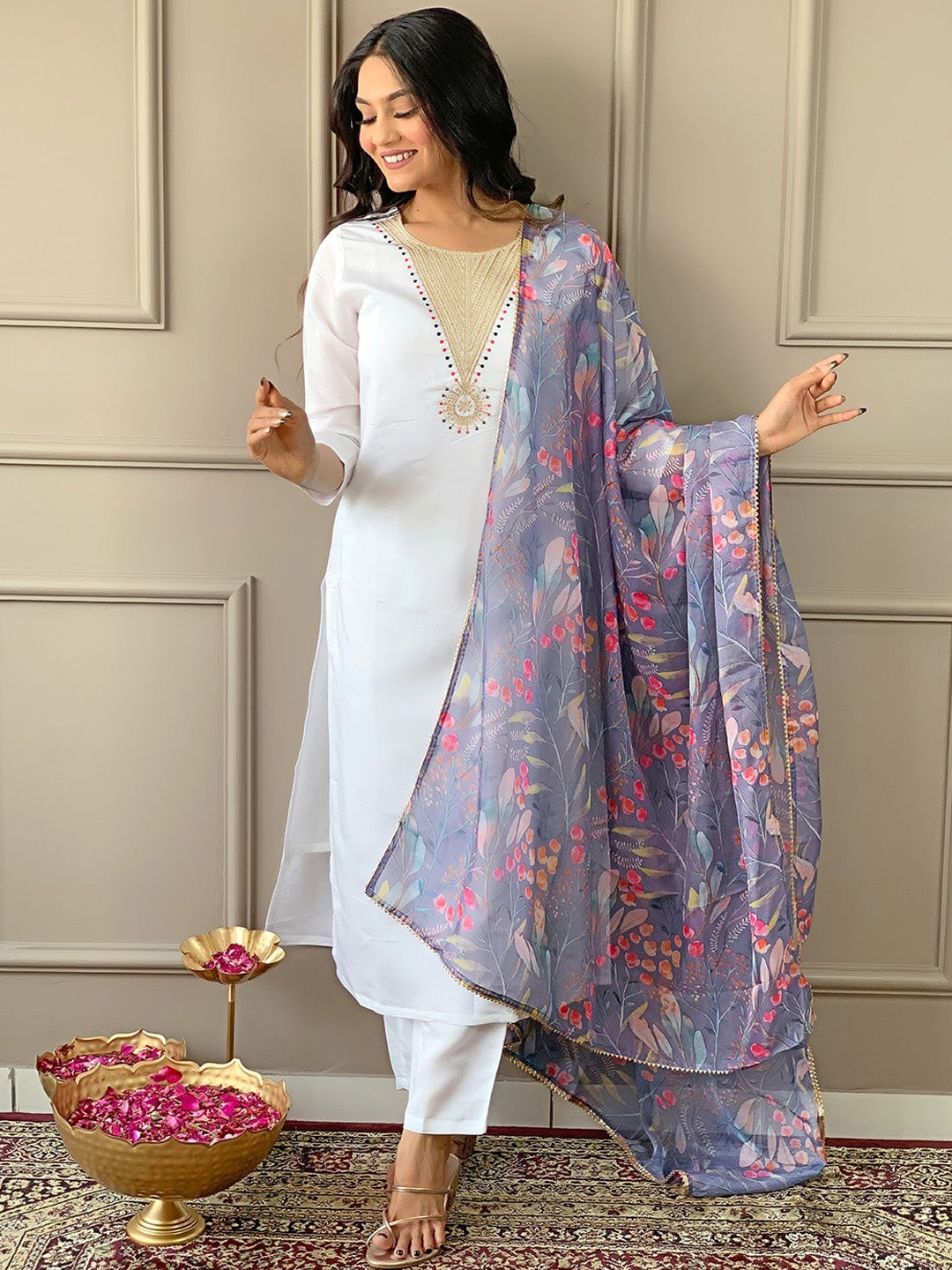 Women's Round Neck Embroidery Rayon Blend Fabric Kurta & Pant With Dupatta Set - Taantav