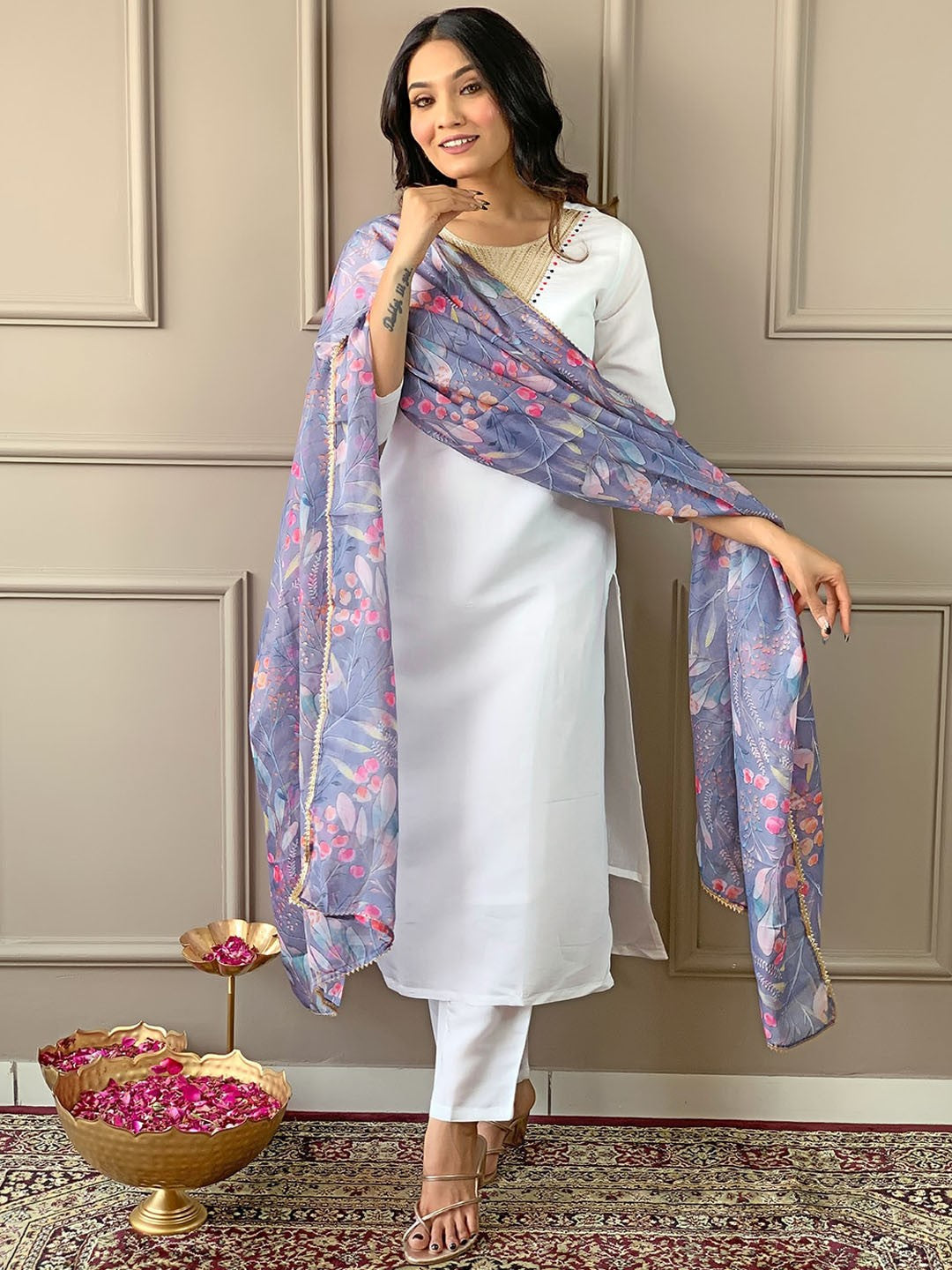 Women's Round Neck Embroidery Rayon Blend Fabric Kurta & Pant With Dupatta Set - Taantav