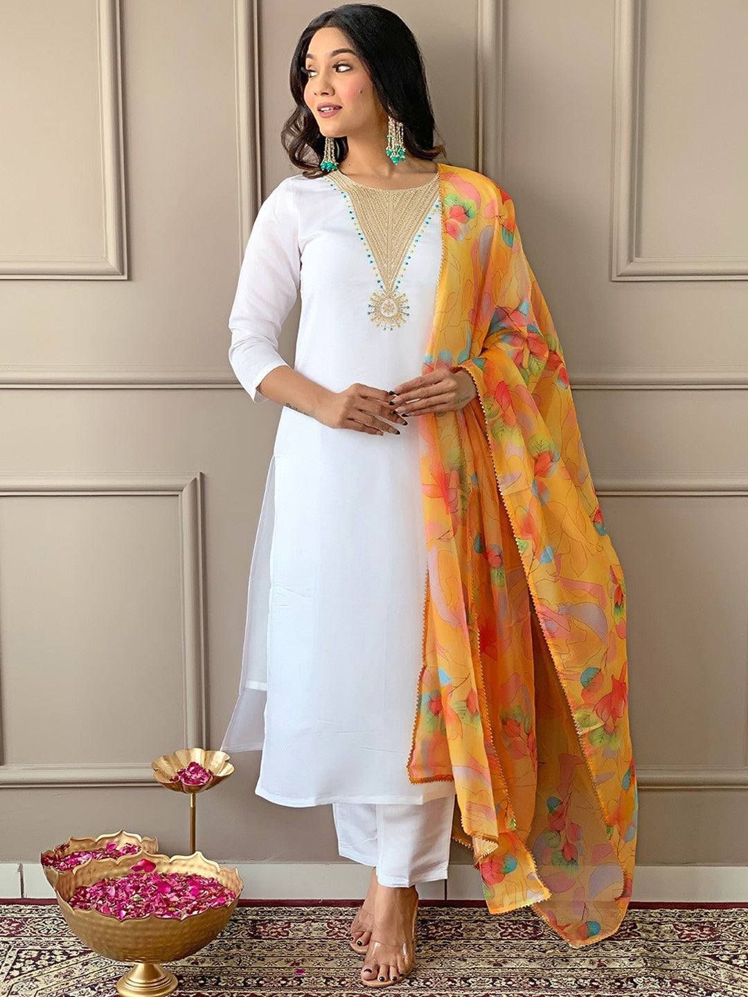 Women's Round Neck Embroidery Rayon Blend Fabric Kurta & Pant With Dupatta Set - Taantav