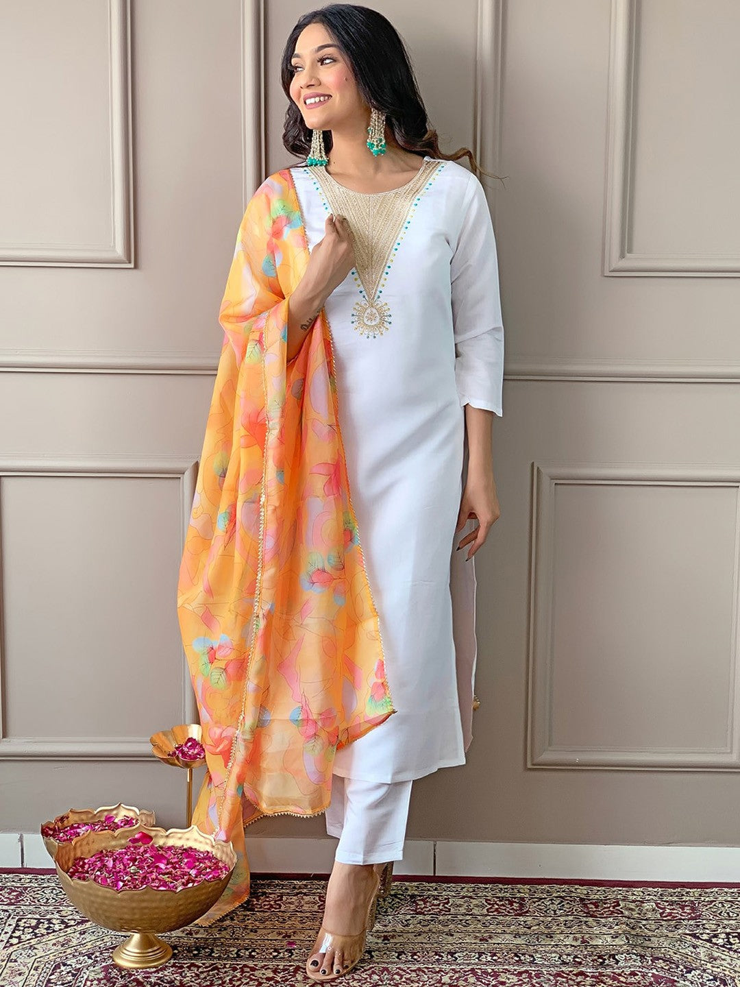 Women's Round Neck Embroidery Rayon Blend Fabric Kurta & Pant With Dupatta Set - Taantav