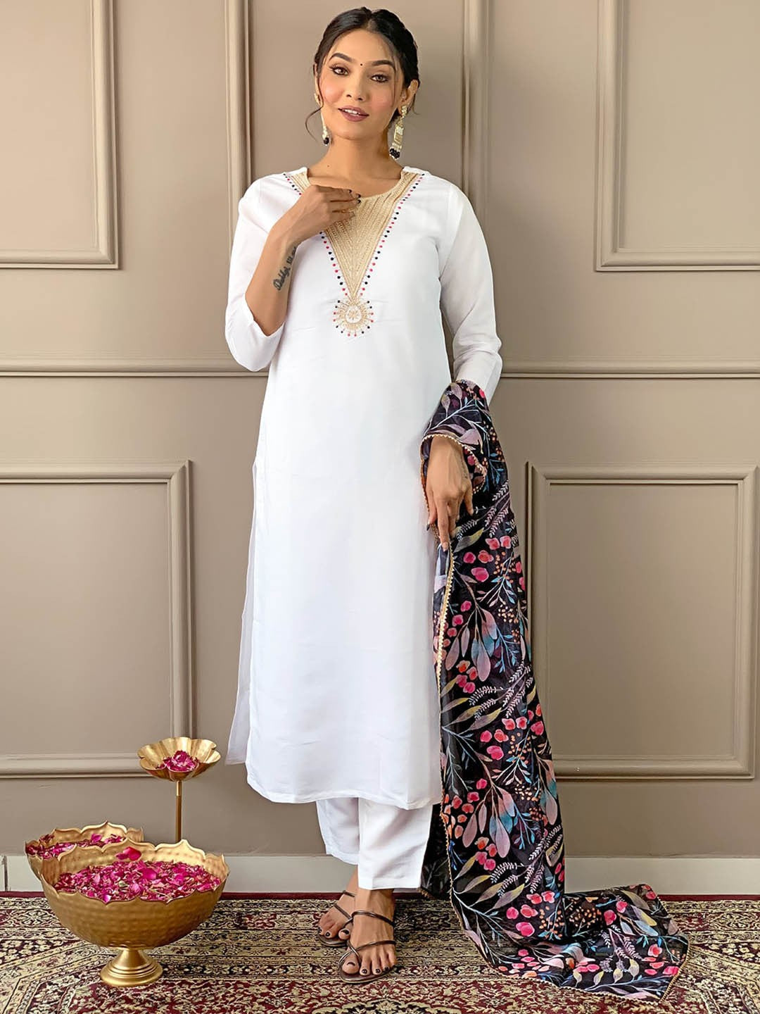 Women's Round Neck Embroidery Rayon Blend Fabric Kurta & Pant With Dupatta Set - Taantav