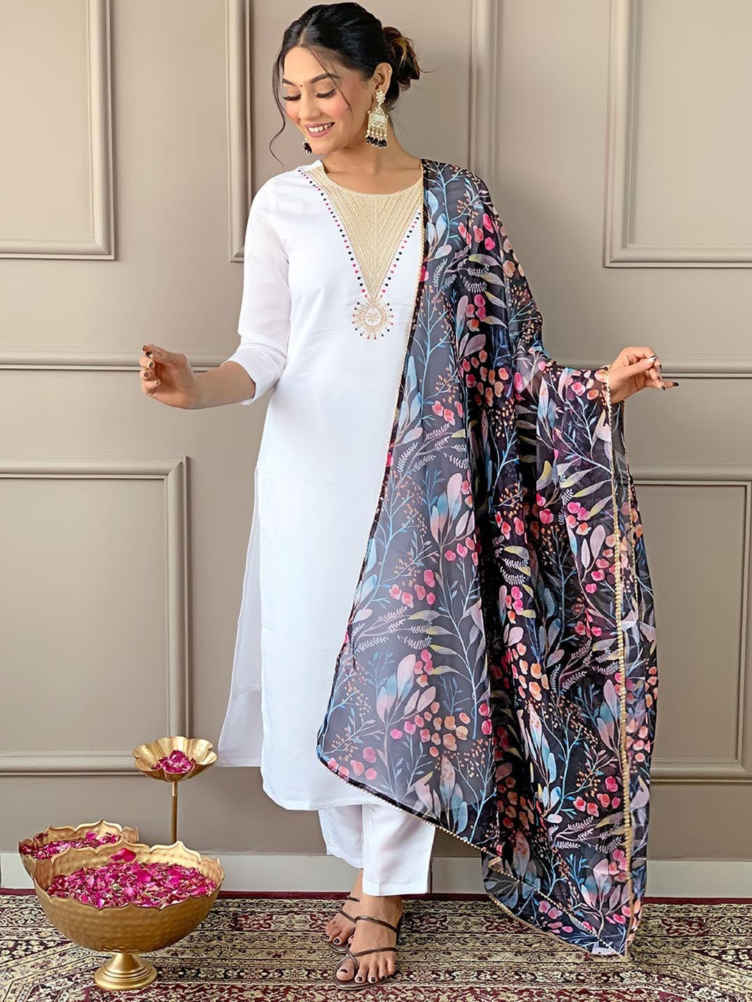 Women's Round Neck Embroidery Rayon Blend Fabric Kurta & Pant With Dupatta Set - Taantav