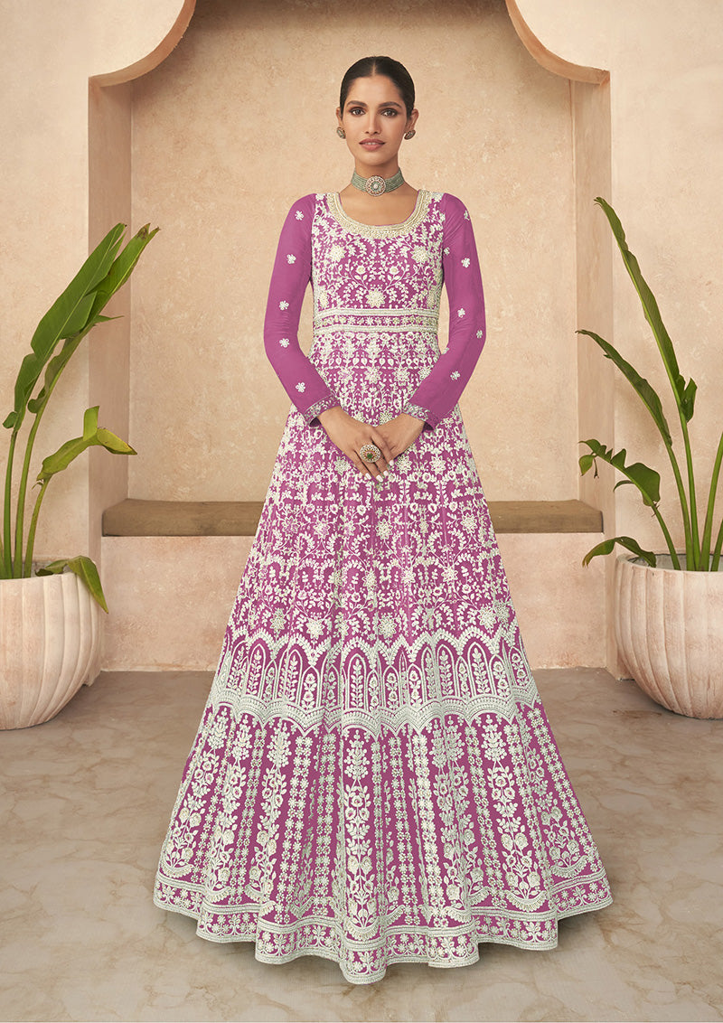 Women's Peach Color Soft Organza Semi Stitched Embroidered Designer Suit - Monjolika