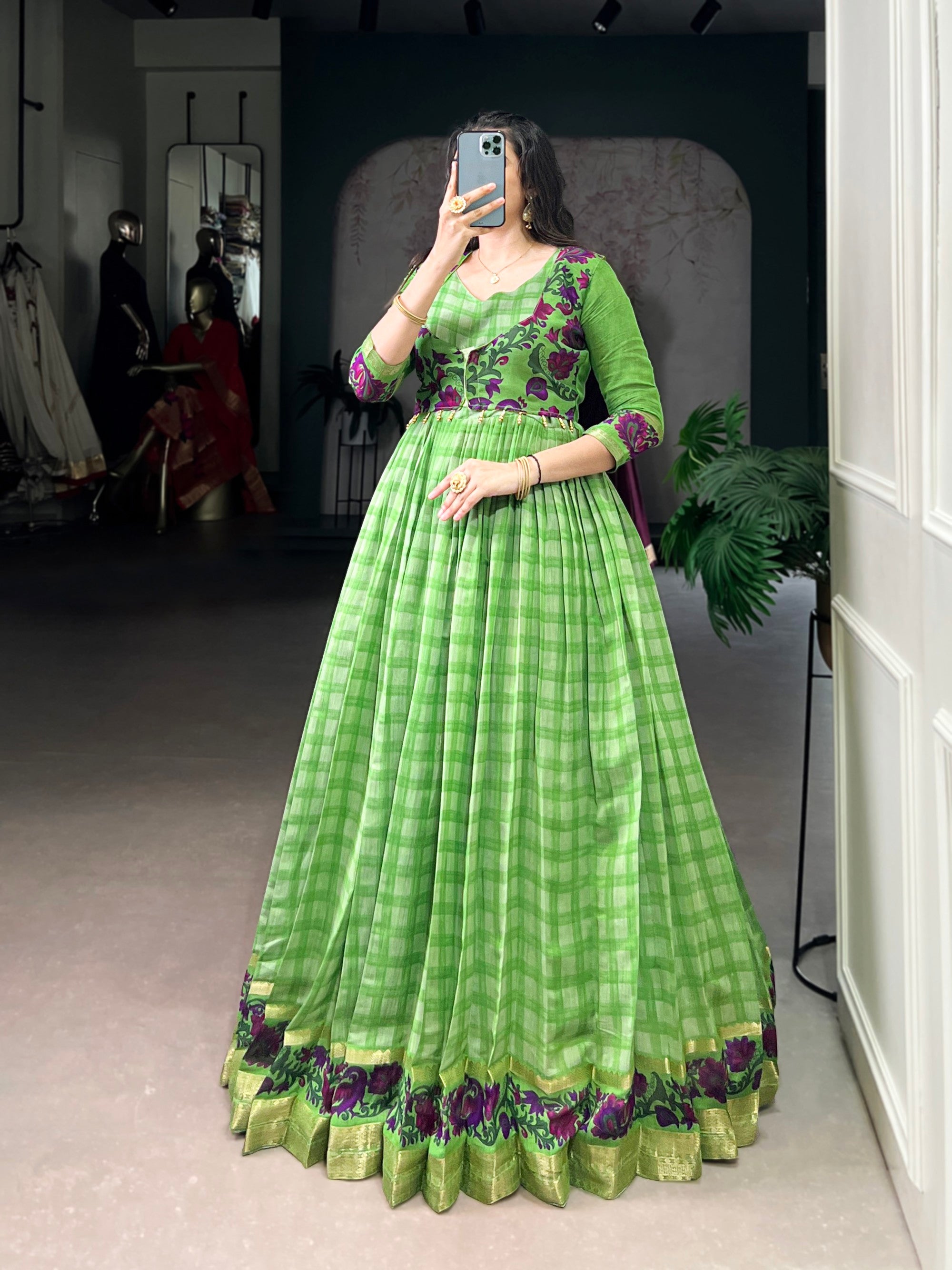 Women's parrotgreen Viscose Chanderi Printed With Zari Weaving Work Gown With Koti | Trendia Global Women's parrotgreen Viscose Chanderi Printed With Zari Weaving Work Gown With Koti | Trendia Global