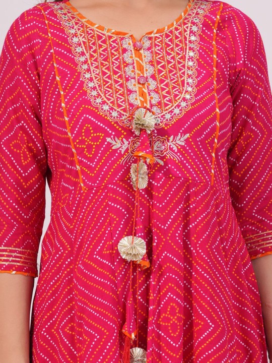Women's Bandhani Printed Anarkali Kurta with Trousers & Dupatta